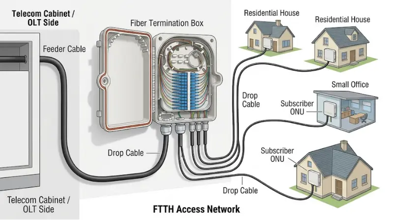 Fiber termination box used as the connection point between feeder cable and subscriber drop cables in an FTTH access network Fiber termination box used as the connection point between feeder cable and subscriber drop cables in an FTTH access network