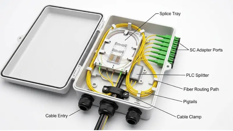 Internal structure of a fiber termination box showing splice tray, SC adapter ports, cable entry, pigtails and PLC splitter Internal structure of a fiber termination box showing splice tray, SC adapter ports, cable entry, pigtails and PLC splitter