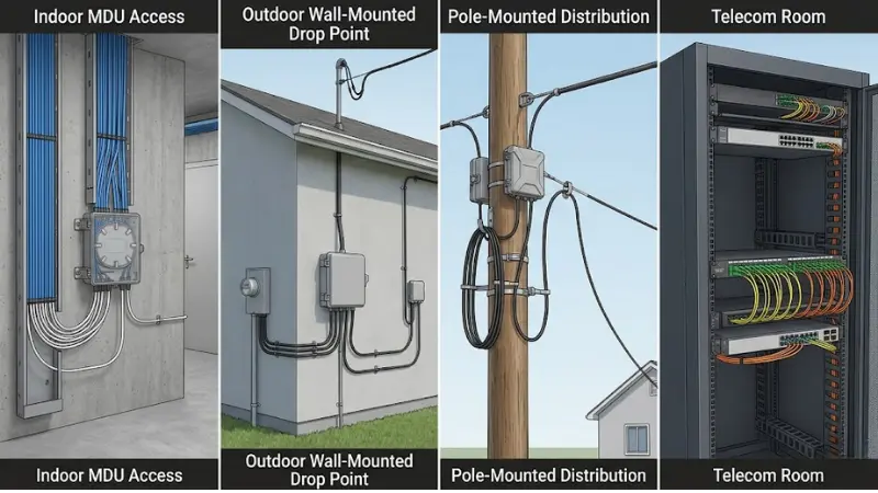 Four FTTH application scenarios for fiber termination boxes including indoor MDU, outdoor wall-mounted, pole-mounted and telecom room installation Four FTTH application scenarios for fiber termination boxes including indoor MDU, outdoor wall-mounted, pole-mounted and telecom room installation